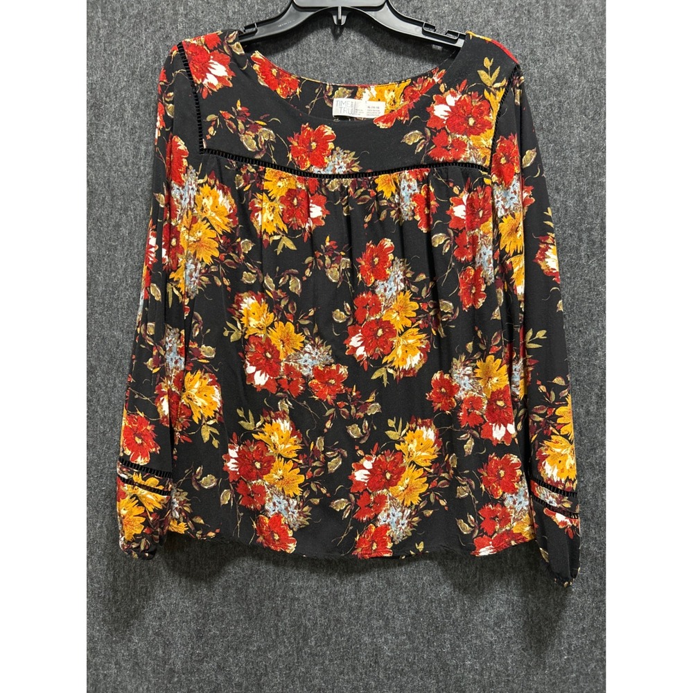 Time and Tru Blouse Women XL Black Red Floral Boho Crochet Trim Fall Whimsigoth